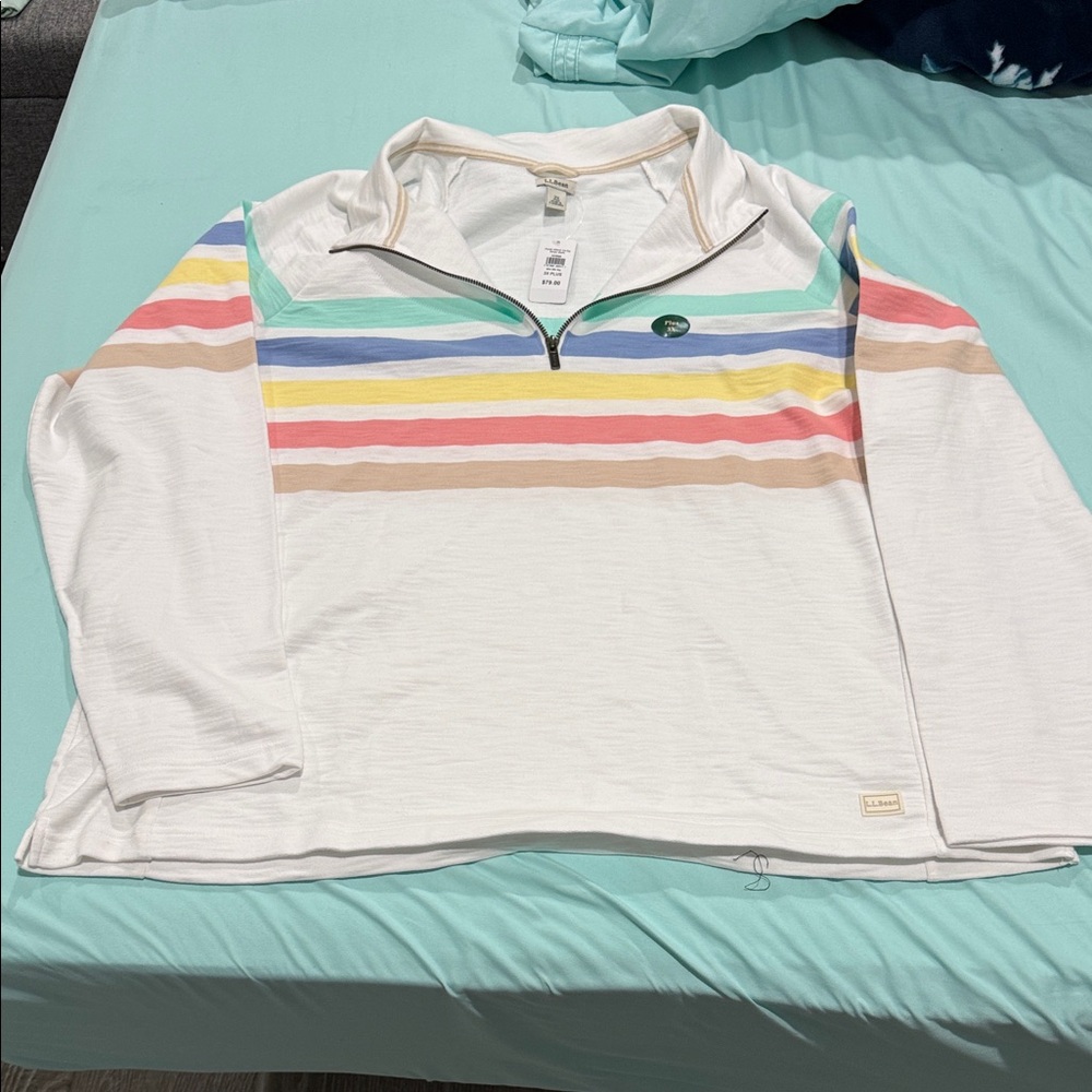 L.L. Bean White Quarter-Zip Pullover with Pastel Stripes